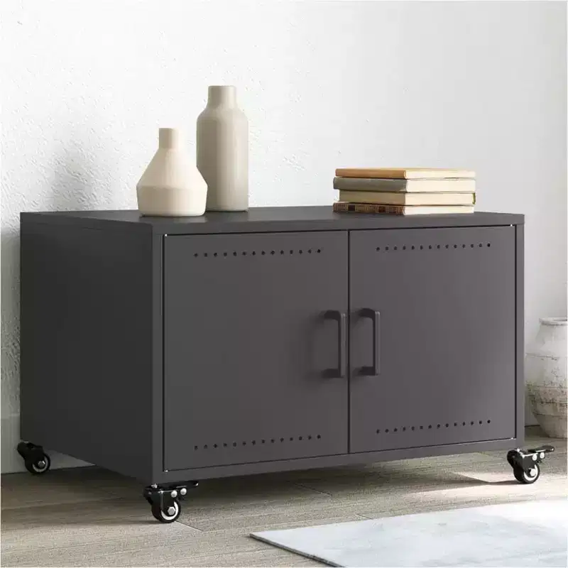 Black Steel Coffee Table with Lockable Wheels & Storage Doors