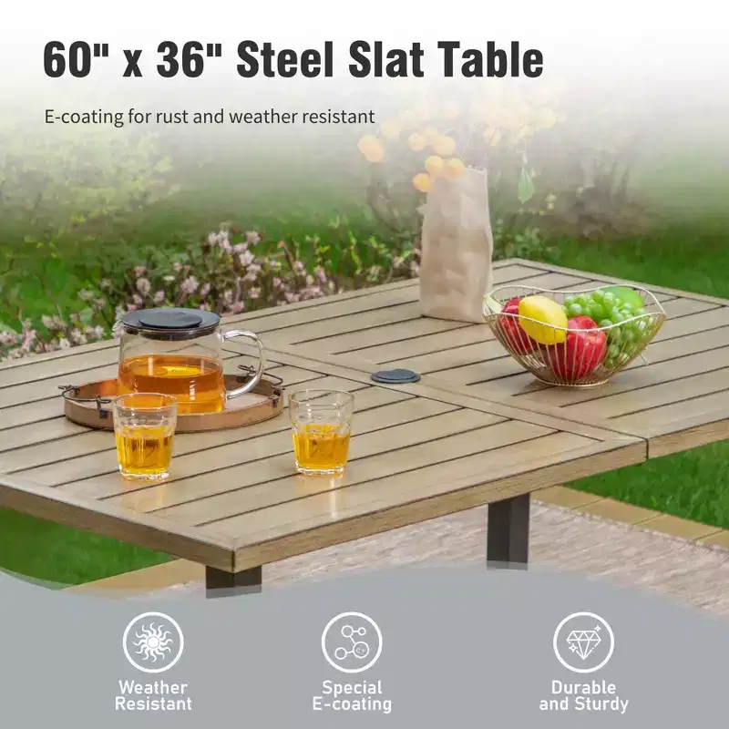 Captiva Designs 6pc Outdoor Patio Slat-top Steel Dining Table & Metal Chairs & Cushioned Bench