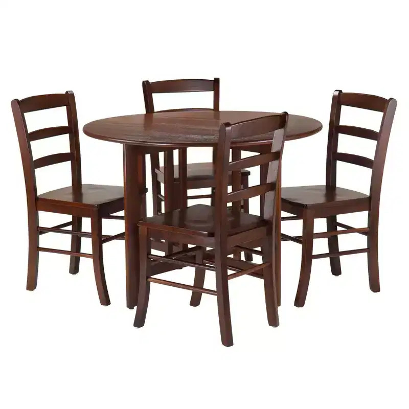 5pc Alamo Drop Leaf Dining Set with Ladder Back Chairs Wood/Walnut- Winsome: Round Table, 4-Point Leg Base