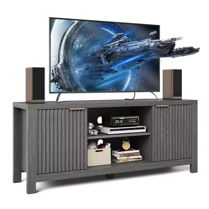 Mid-Century Modern Fluted TV Stand with Storage Cabinet, Oak Finish, Fits up to 70