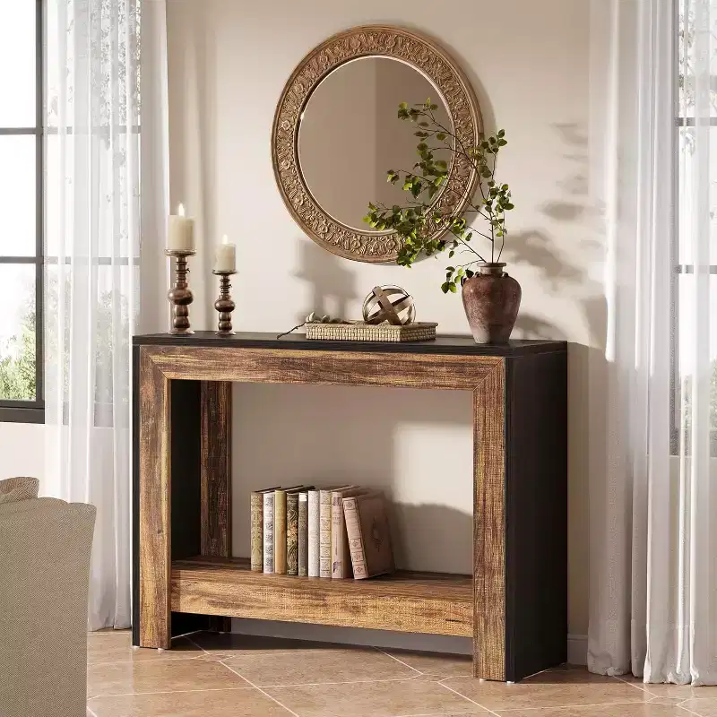 Lantine 41.3-Inch Farmhouse Console Table, Behind Couch Sofa Table with Storage for Living Room, Hallway, Foyer, Black + Brown, Easy Assembly