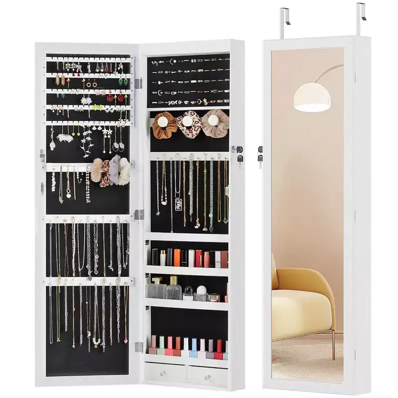 Lockable MDF Jewelry Cabinet 47x11 Inch, Mirror Armoire with LED Lights and 6 Drawers, White