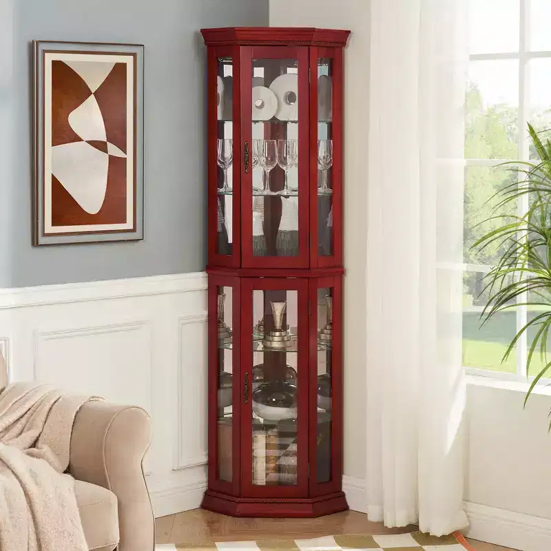 Corner Curio Cabinet with Light, Adjustable Glass Shelves, and Beaded Decoration for Displaying Collectibles