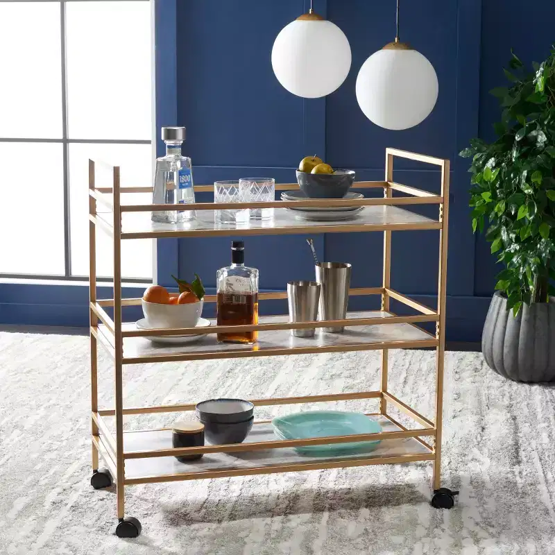 3-Tier Bar Serving Cart with Faux Marble Shelves and Casters