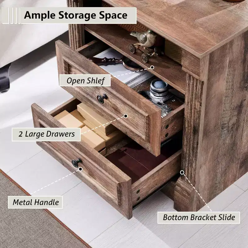 26 Nightstand with Charging, 23.6 Farmhouse Table Open Shelf & 2 Drawers