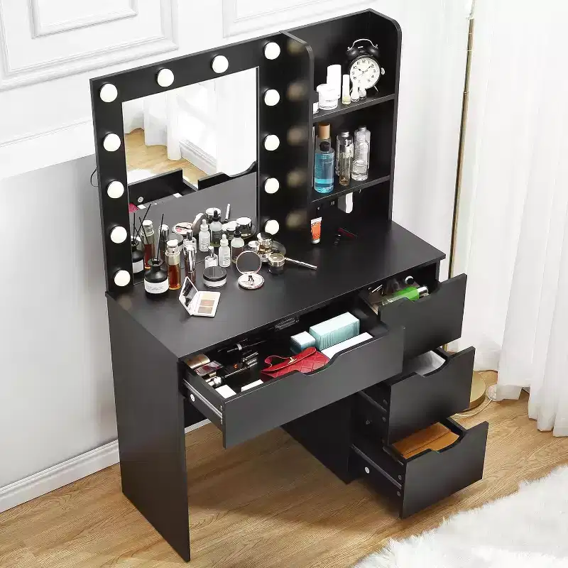 Vanity Desk with Mirror, Modern Makeup Vanity Table with 4 Drawers and 3 Storage Shelves Dressing Table for Bedroom, Dressing Room, Cloakroom