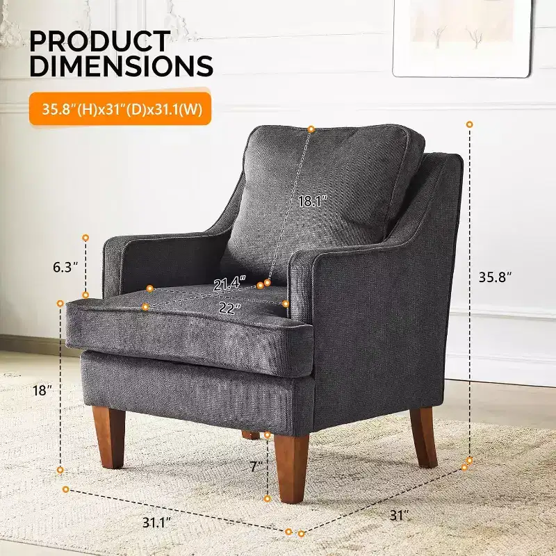 VINGLI Mid-Century Modern Accent Chair, Black Upholstered Armchair Comfy Sofa Chair Reading Chair