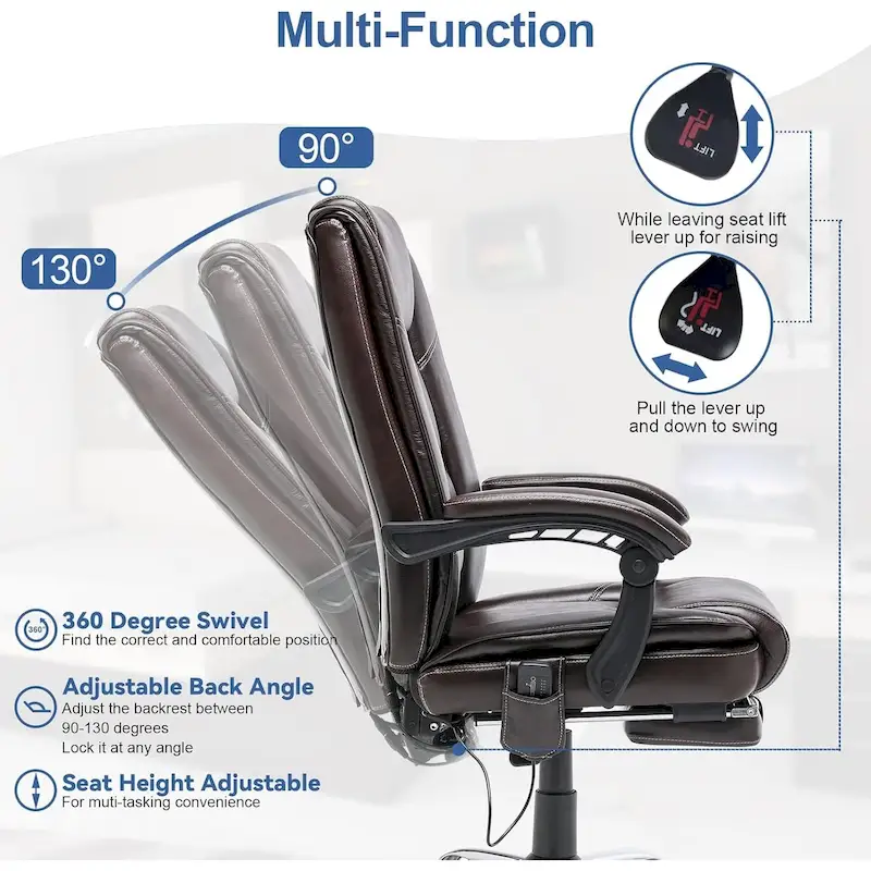 Ergonomic Heated Executive Office Chair, 2/4/6-Point Massage, Retractable Footrest, PU Leather