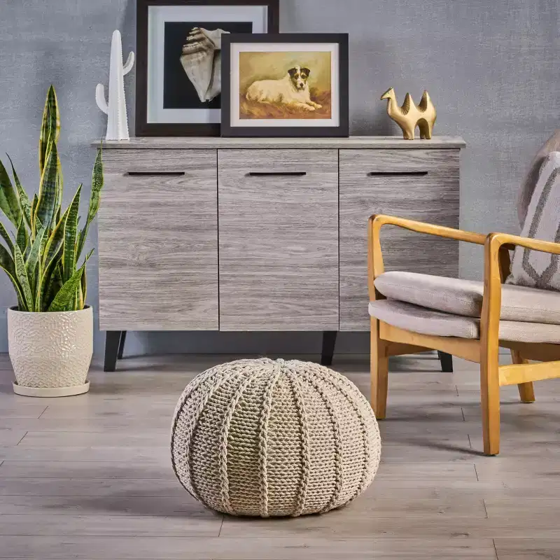 Knitted Cotton Round Pouf Ottoman Hand-Stitched