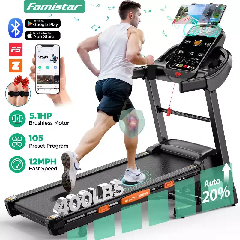 400LB Capacity Treadmill,5HP Foldable Treadmill w/ 20% Auto Incline,12MPH Portable Treadmill for Home,Fun Workouts w/APP,105 Programs,Shock Absorption