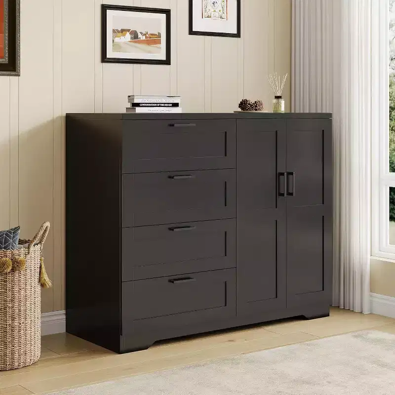 43.3in Wardrobe Closet with 4 Drawers Hanging Rod Double Doors Storage Cabinet for Bedroom, Black