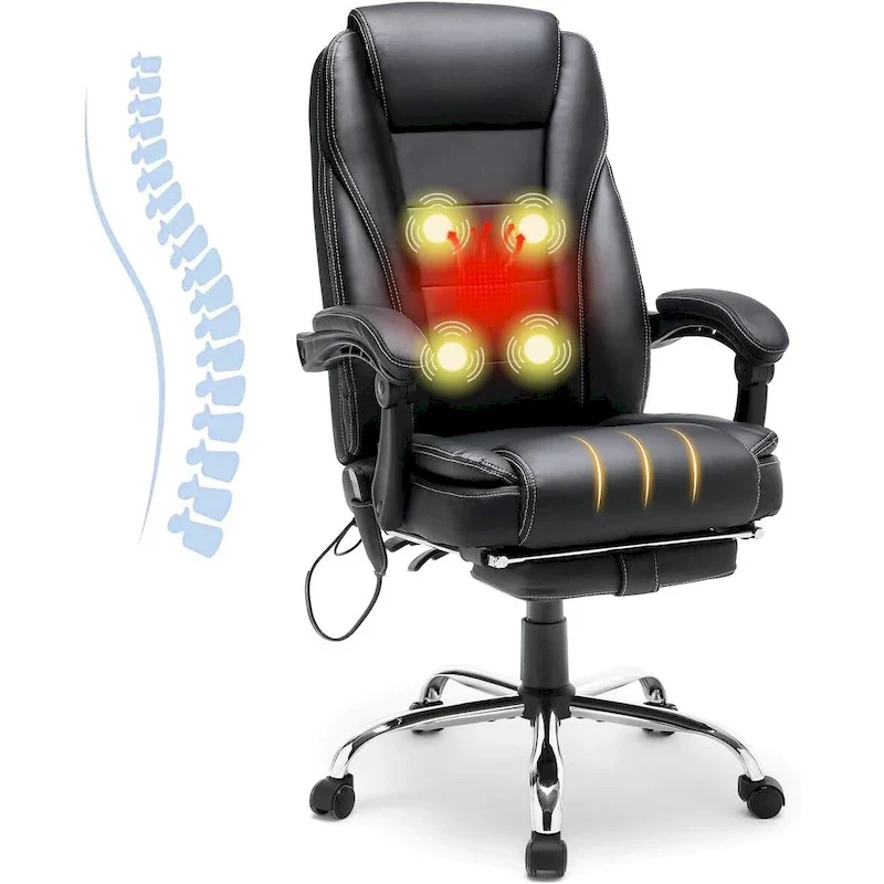 Ergonomic Heated Executive Office Chair, 2/4/6-Point Massage, Retractable Footrest, PU Leather
