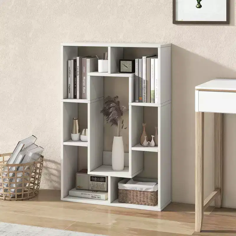 Costway 2 PCS 7-Cube Geometric Bookshelf with Anti-Toppling Device Modern Open Bookcase White/Grey/Natural