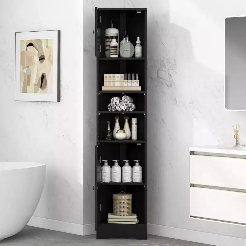 Multi-Functional Verticle Corner Cabinet, Tall Bathroom Storage Cabinet with Two Doors and Adjustable Shelves
