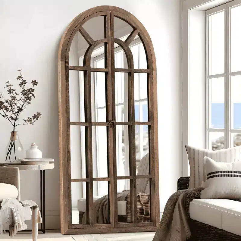 Full-Length Mirror Solid Wood Grid Right Angle Arch 71x31x1in Openable No Stand