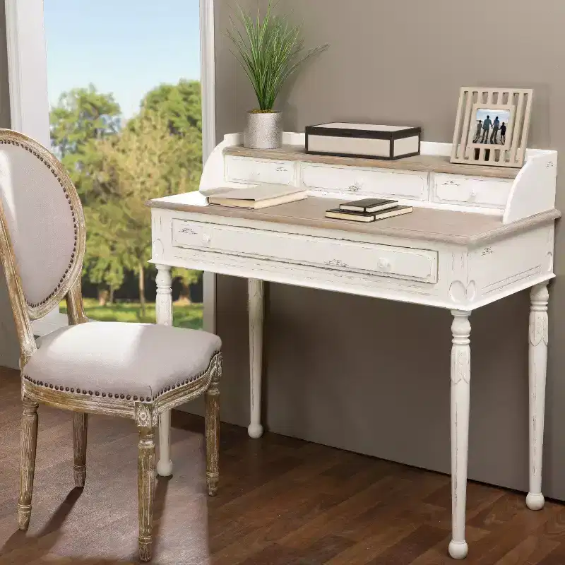 Traditional French Accent Writing Desk – White & Light Brown, 4 Drawers, Mindi Wood Top