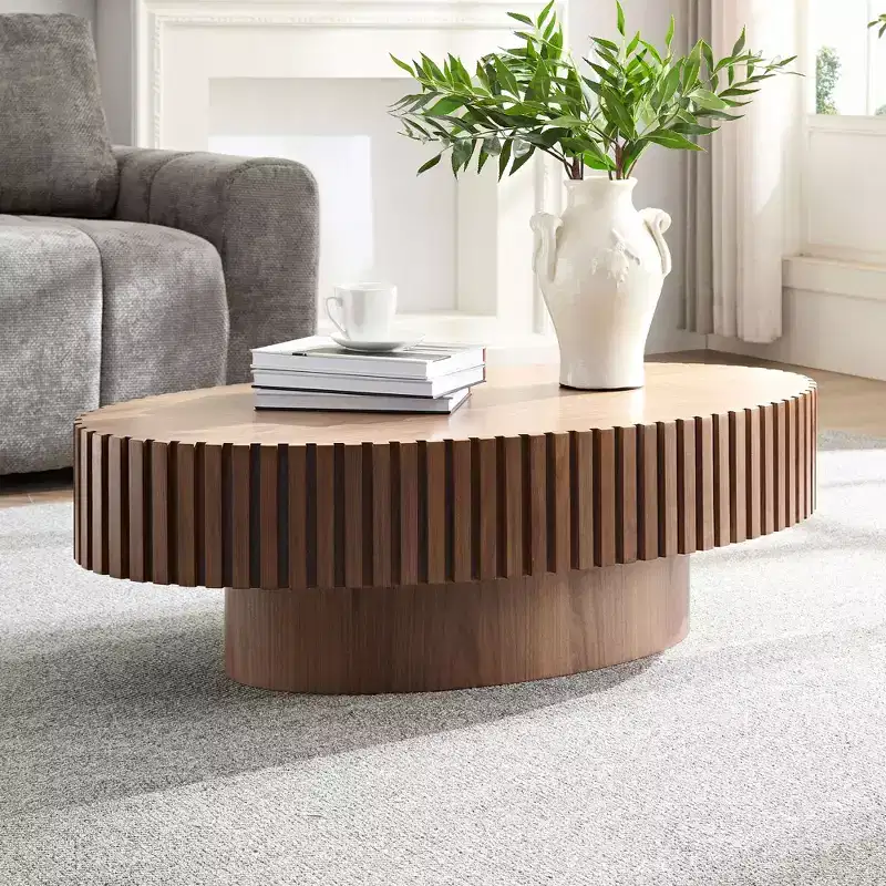 JVNOXK Modern Handcraft Drum Coffee Table Length 43.7 inch Ellipse Coffee Table for Living Room,Oval Small Coffee Table with Sturdy Pedestal,Walnut