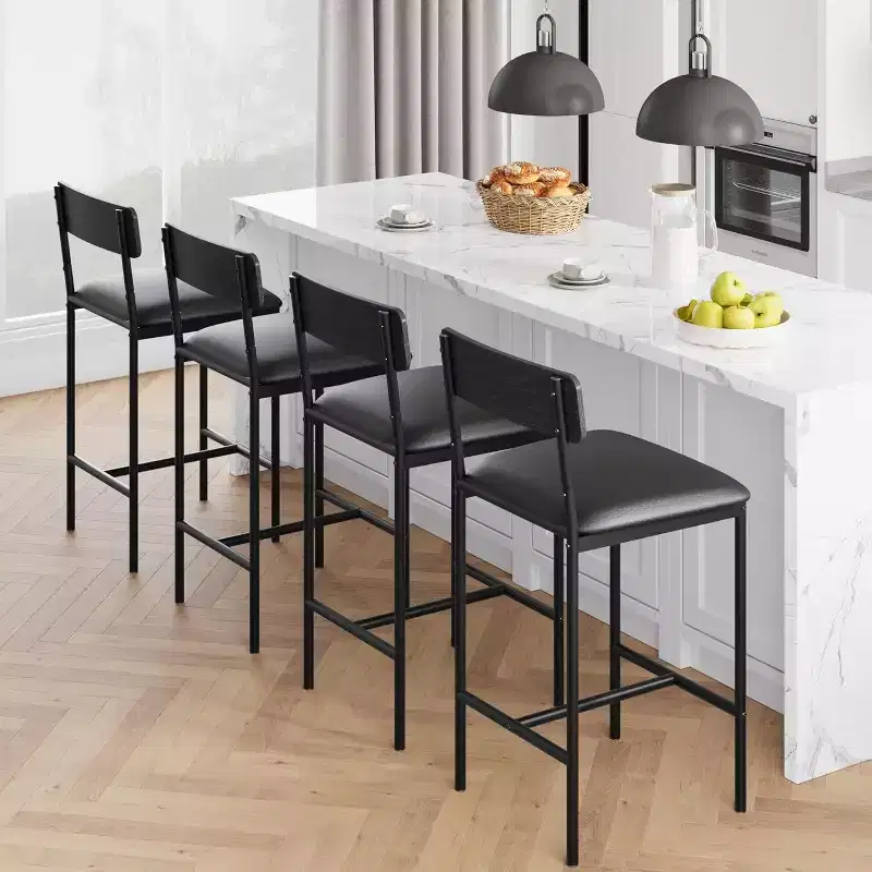 Bar Stools Set of , Upholstered Barstools with Metal Legs, Footrest & Backrest, PU Seat, Kitchen Height Chairs
