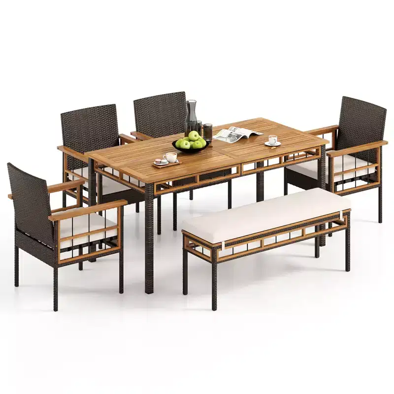 Gymax Set of 6 Patio Acacia Wood Dining Table Set w/Bench 4 Armchairs 1.97 Umbrella Hole Cushion Natural & Mix Brown & Black
