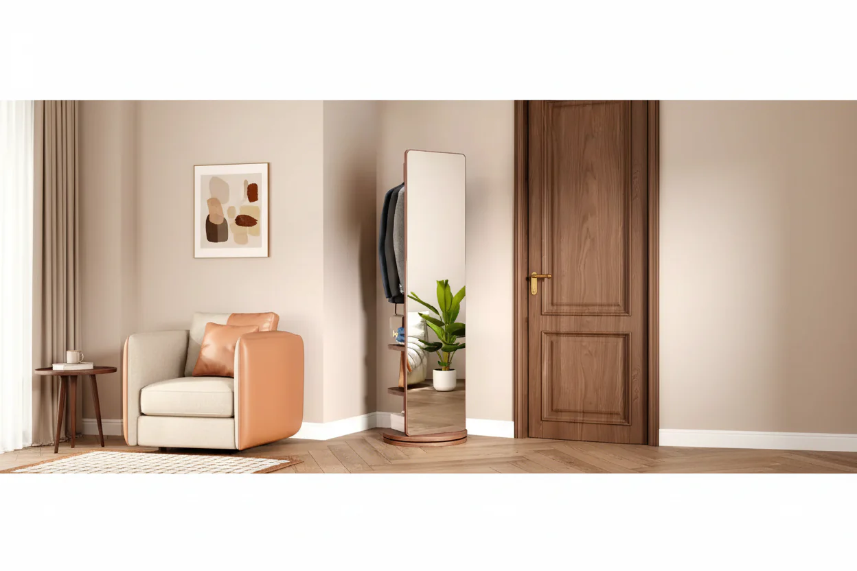 Walnut, 360° Rotating, Full-Length Floor Mirror with Coat Rack, 1-Person