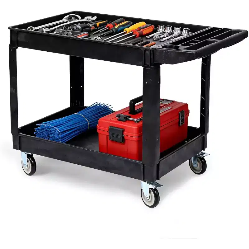 2-Tier Rolling Utility Service Cart with 360 Swivel Wheels & Brakes, 550LBS, Ergonomic Storage Handle for Warehouse/Garage/Cleaning, 40*17 in