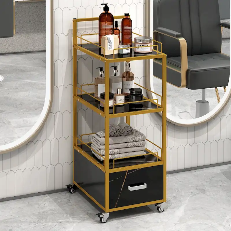 3-Tier Rolling Salon Cart with Drawer – Gold & Black / Gold & White, Metal Frame, Marble-Grain Board