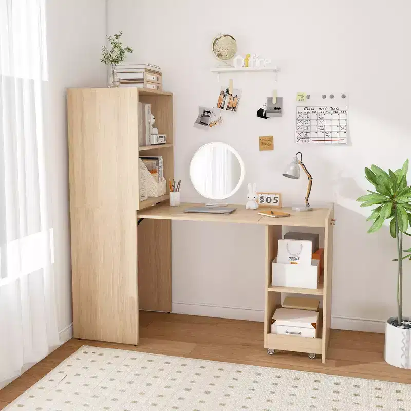 Extendable Desk with Storage Shelves & Casters, Foldable Design for Small Spaces & Offices (Burlywood)