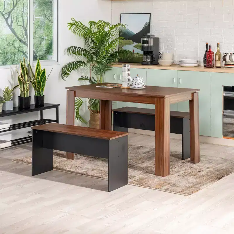 FurnitureR 47.2 Dining Table Set with 2 Benches, Modern MDF Wood Table and Seating Set, Space-Saving Dining Furniture for Kitchen & Dining Room