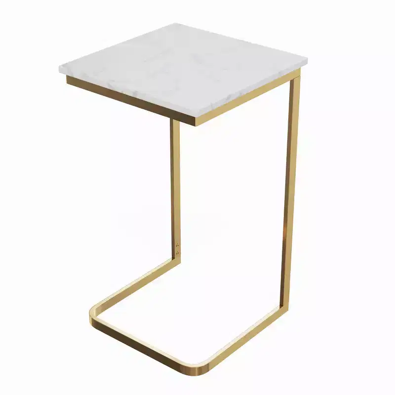 Lavish Home C-Shaped End Table - Real Marble Side Table with Gold Iron Frame for Couch, Loveseat or Bed - Modern Living Room Furniture, White