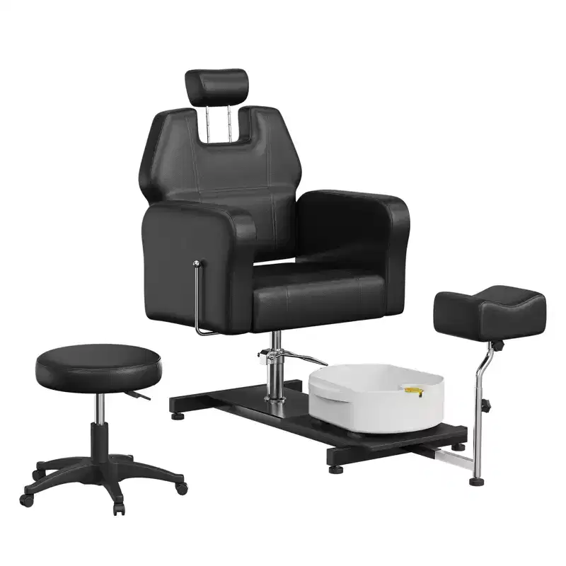 Reclining Pedicure Chair with Stool, Footrest & Massage Foot Basin, Hydraulic Lift Pedicure Station for Nail Tech, Swivel Foot Spa Chair