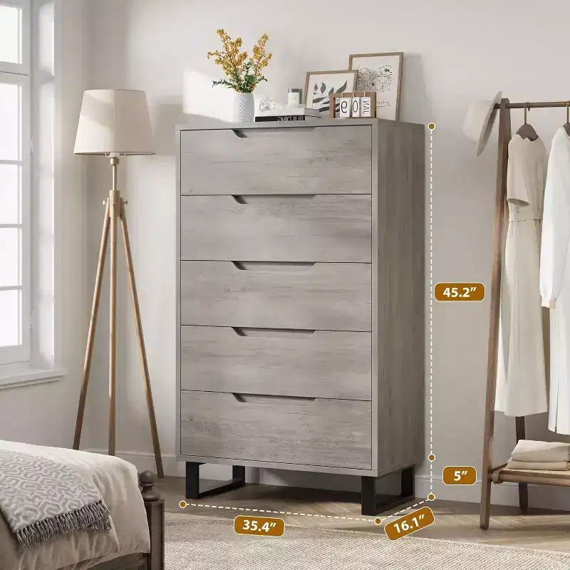 35.4-Inch 5-Drawer Dresser, PB+MDF+Metal, Adjustable Height, Modern-Rustic Style, Anti-Tip