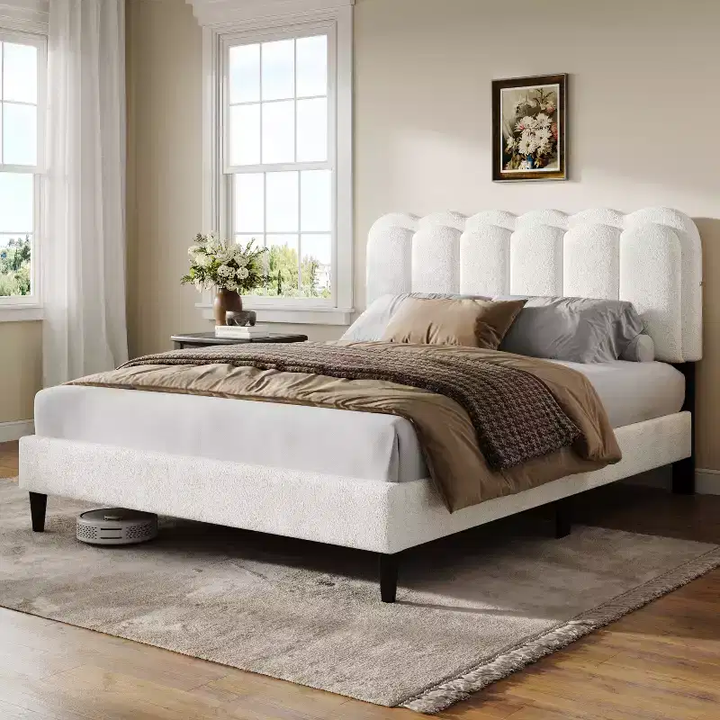 Christopher Knight Home Selene Modern Rubberwood Boucle Upholstered Bed with Light and Petal Headboard
