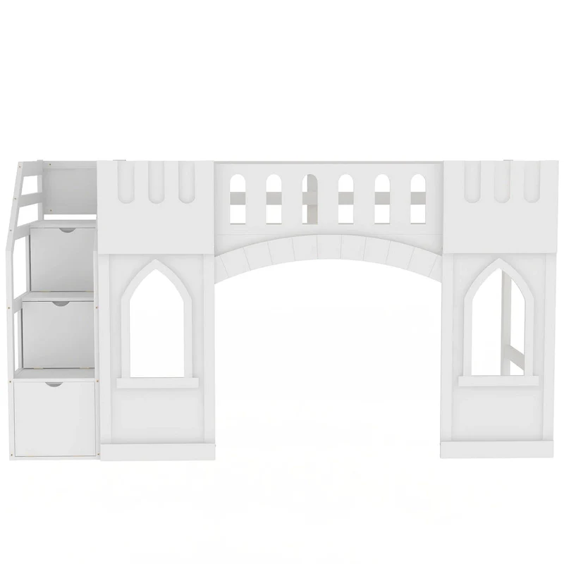 Solid Wood Loft Bed with Storage Staircase and Window