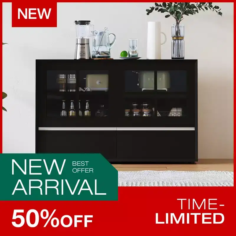 Luck Live Modern 47.04 Storage Cabinet with Push-to-Open Acrylic Doors, Solid Wood Plywood Frame, Adjustable Shelves & 2 Drawers