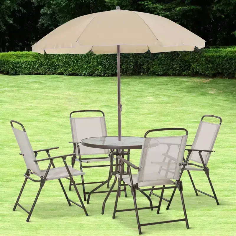 6 Piece Patio Dining Set for 4 with Umbrella, Outdoor Table and Chairs with 4 Folding Dining Chairs & Round Glass Table