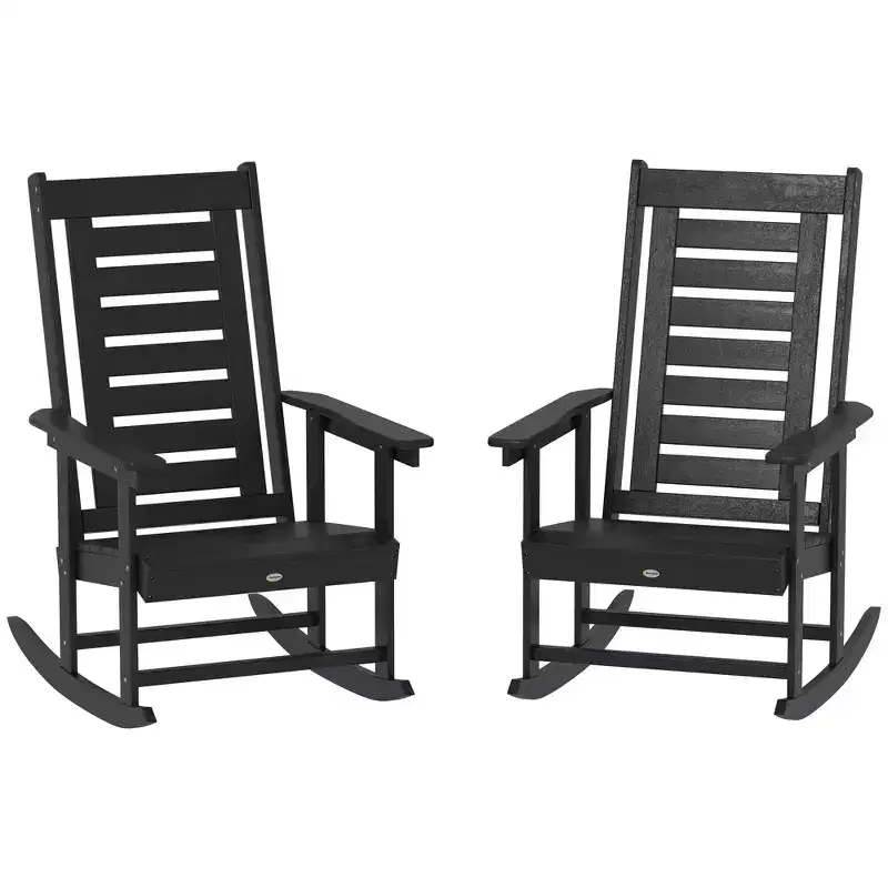 Outsunny Outdoor Rocking Chairs Set of 2, HDPE Patio Rockers with 28 High Back, Wide Armrests and Slatted Seat for Porch Backyard Balcony
