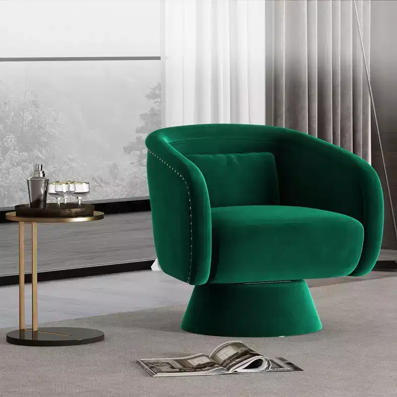 Mid Century Swivel Accent Chair 360 Green Upholstered Barrel Chair with Lumbar Pillow