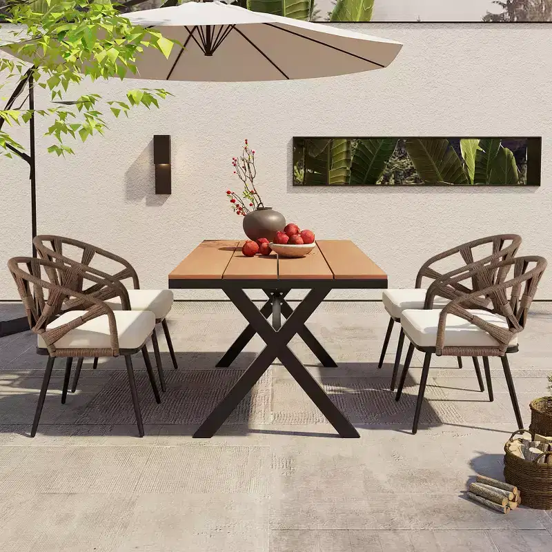Whisen Contemporary Outdoor Set with PE Rattan Chairs and Plastic Wood Table,Suitable for Gardens and Lawns