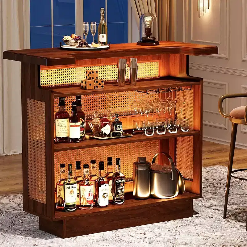 Lantine Rattan Home Bar Unit, Farmhouse 4-Tier Mini Bar Table with 4 Stemware Racks and Heightened Base, Liquor Bar Cabinet for Home Pub