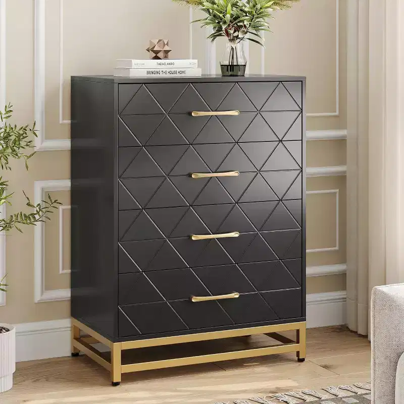 4 Drawer Dressers, Wood Dresser w/Golden Handles, Storage Chest Cabinet Organizer Unit, Chest of Drawers for Living Room, Closet, Hallway