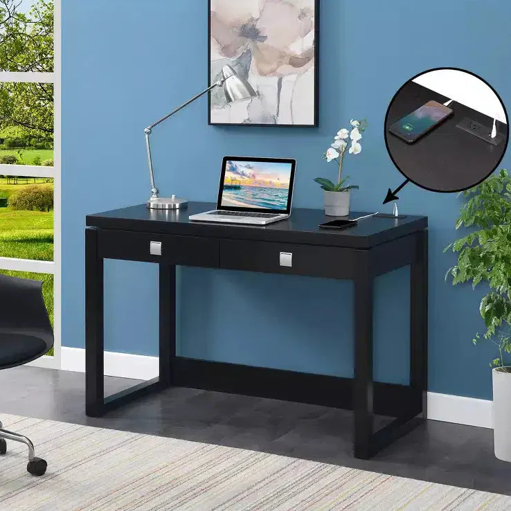 2-Drawer Desk with Charging Station, Espresso/Black: Home Office Workstation, MDF Construction