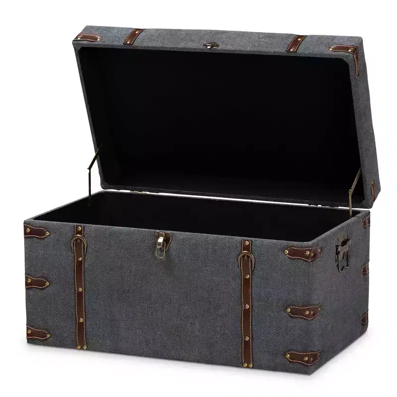 Modern Transitional Fabric Upholstered Storage Trunk Ottoman Gray, Lift-Top, Metal Frame, Vintage Style