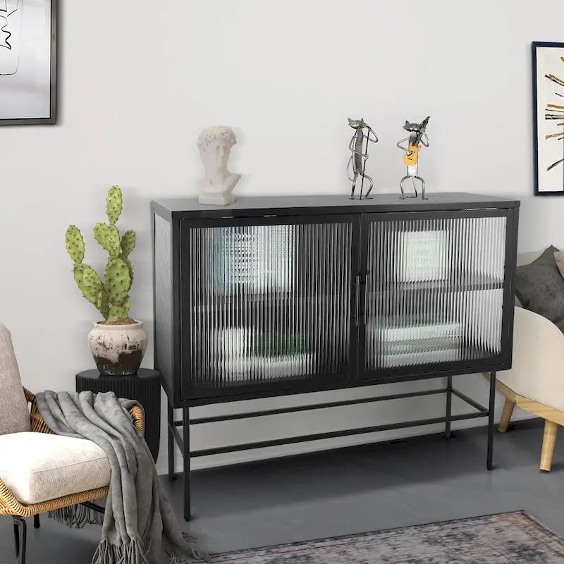 Double Door Tempered Glass Storage Cabinet with Adjustable Shelf