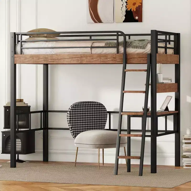 Twin Loft Bed with Desk, Ladder & Bookshelves, Heavy Duty Metal High Loft Bed Frame, Space Saving Design, Black
