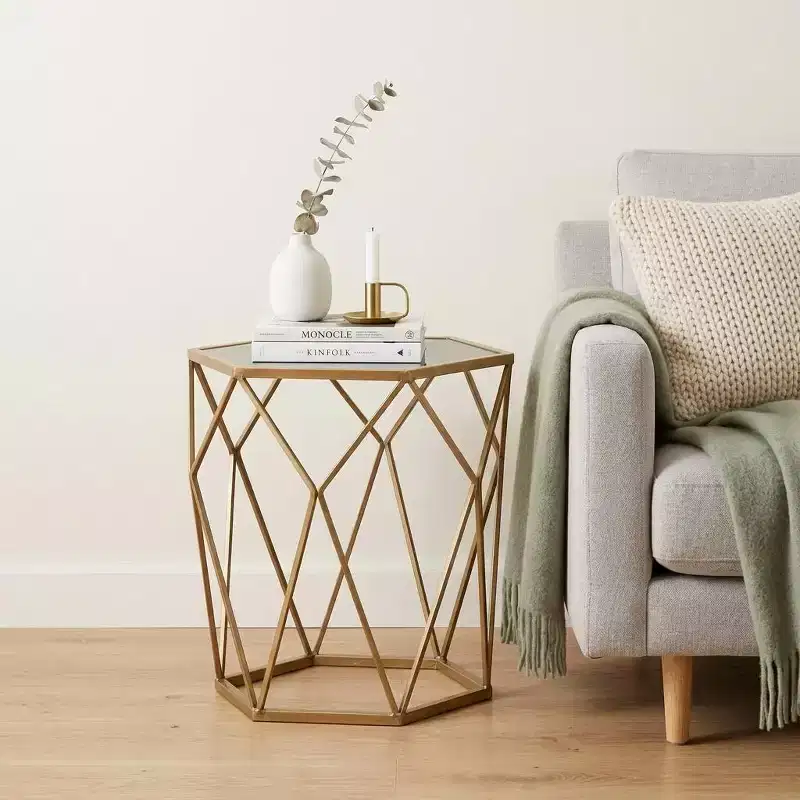 19 Gold And Reflective Glass Hexagon Mirrored End Table