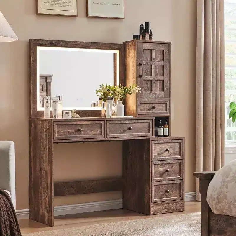 Mastgoal Farmhouse Vanity Desk with Touch Screen LED Mirror, 47 Big Make Up Table, 6 Drawers, Glass Top, Charging Station, Rustic Wood Dressing Table