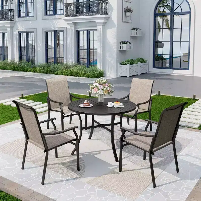 5pc Outdoor Dining Set with Padded Sling Chairs & Round Metal Table - Gray/Black - Captiva Designs: Sturdy, Water-Resistant Patio Set for 4