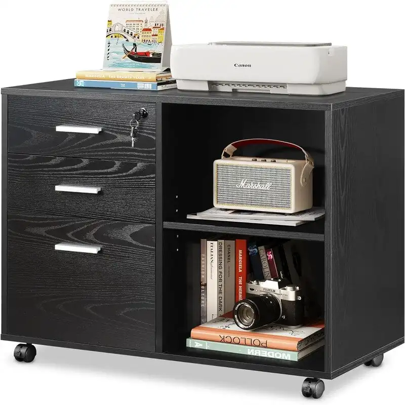 3-Drawer Rolling File Cabinet with Printer Stand – White / Black / Gray Oak, Lockable, 4 Wheels