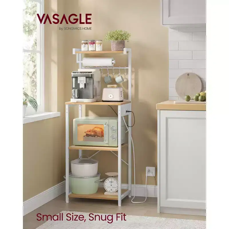 VASAGLE Kitchen Bakers Rack with Power Outlet, Coffee Bar 4-Tier with 8 S Hooks, Microwave Stand, Adjustable Shelf