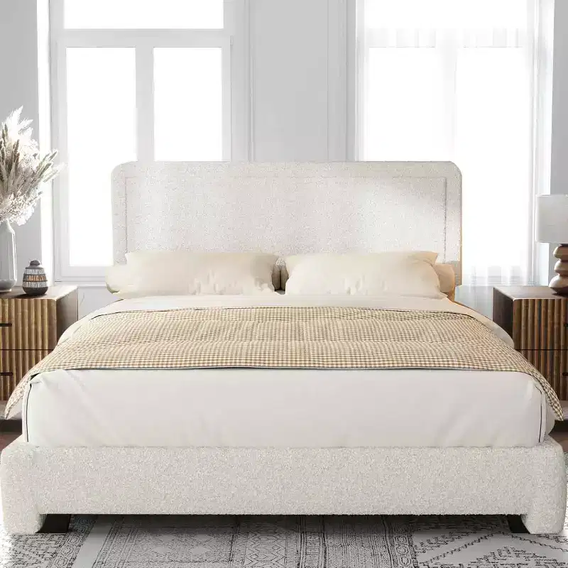 Boucle Bed Frame,White Upholstered Teddy Fabric Bed Frame with Headboard, Adjustable Headboard, Easy Assembly